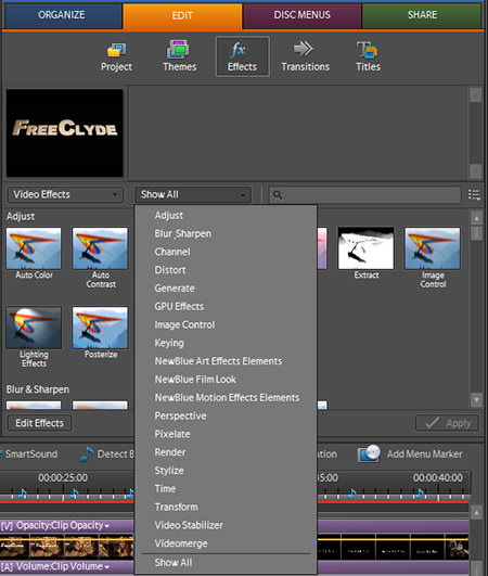 Adobe Premiere Elements 7 - kategorie efektů a video filtrů dostupných v editoru Export videa Adobe Premiere Elements 7 - funkce