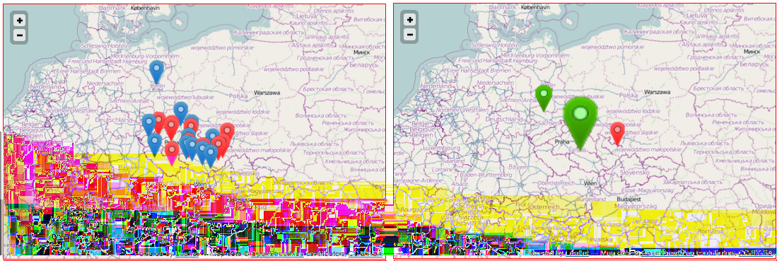 7.2 Geograficka vizualizace 50 Obra zek 7.2: Geograficka vizualizace (zoom = 6) - neshlukovane znac ky (vlevo) a shlukovane znac ky (vpravo) Obra zek 7.