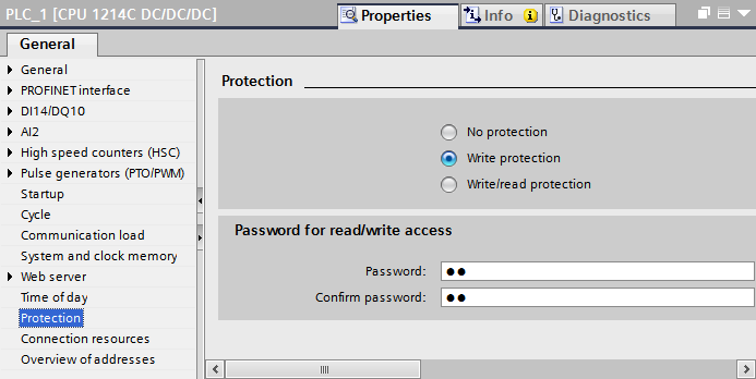 5) Nastavení hesla Přednastavené heslo pro web server je s7. Nezáleží na tom, jestli zatrhnu Write protection nebo Write/read protection, protože web server nepodporuje read protection.