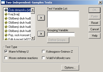 6 Testy Hypotéz neparametrické testy 6.5. SROVNÁNÍ DVOU NEZÁVISLÝCH VÝBĚRŮ V hlavním menu zvolíme Analyze Nonparametric Tests Independent Samples Aktivuje se dialogové okno (Obr.6.3), závislé proměnné přesuneme do pole Test Variable List: a nezávislou proměnnou do pole Grouping Variale:.