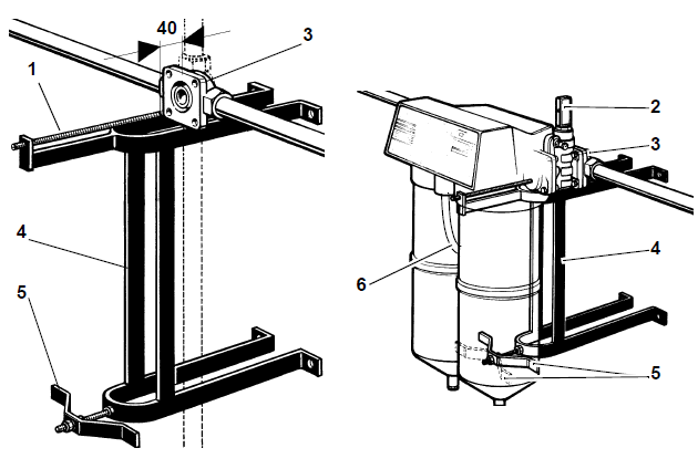 Konečná montáž na stěnovou konzoli: nastavovací šroub ventil ochozu otočný připojovací kus nástěnný držák sedlo pro podporu filtračních nádob hadice proplachu Nástěnný držák musí být instalován v ose