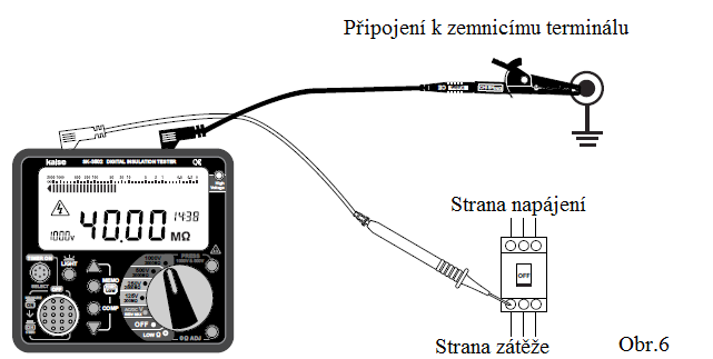 6-2. Měření izolačního odporu (MΩ) Varování - Neměřte izolační odpor živých vodičů, abyste zabránili vážnému poškození přístroje a riziku elektrického šoku.