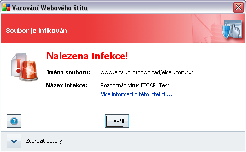 Stáhněte si soubor eicar.com a pokuste se jej uložit na lokální disk. Ihned poté, co potvrdíte stažení testovacího souboru, zareaguje Rezidentní štít varovným upozorněním.