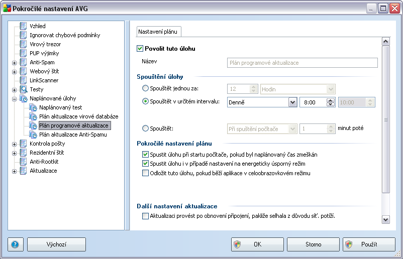 Pokročilé nastavení plánu - tato sekce umožňuje definovat podmínky, kdy má či nemá být aktualizace virové databáze spuštěna, jestliže je počítač v úsporném režimu nebo zcela vypnutý a naplánovaný čas