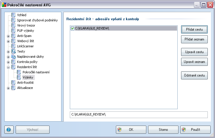 10.6.2. Výjimky Dialog Rezidentní štít - adresáře vyňaté z kontroly nabízí možnost definovat adresáře, které mají být z testování Rezidentním štítem vypuštěny.