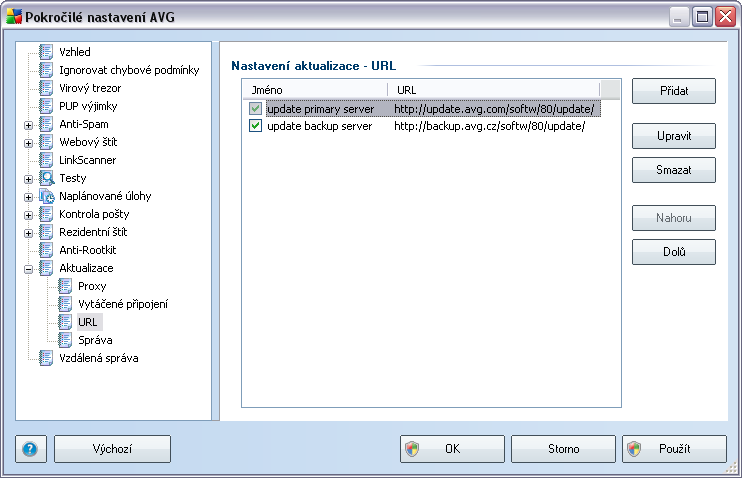 10.8.3. URL Dialog URL nabízí seznam internetových adres, odkud mohou být aktualizační souboru staženy.
