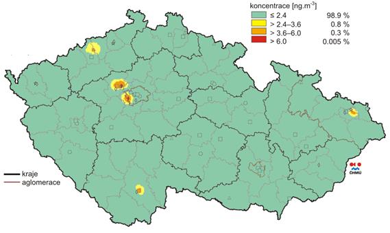 Obrázek 33: Průměrné roční koncentrace arsenu, zóna CZ02 Střední Čechy, 2003 2012 Zdroj dat: ČHMÚ Pole průměrné roční koncentrace arsenu za rok 2011 zobrazuje situaci nejen v zóně CZ02 Střední Čechy