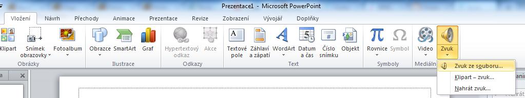 Animace, resp. časování zvuku Občas je nutné do prezentace vložit zvuk ze souboru, který bude přehráván po dobu celé prezentace.