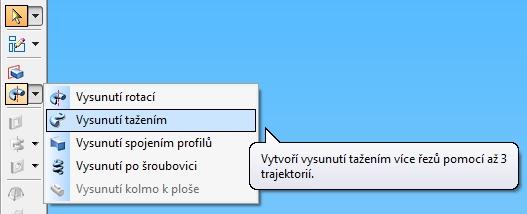 7 řezy(profily) a trajektorie v navigačním panelu Dále uživatel zvolí příkaz Vysunutí tažením (viz obr.8) Obr.