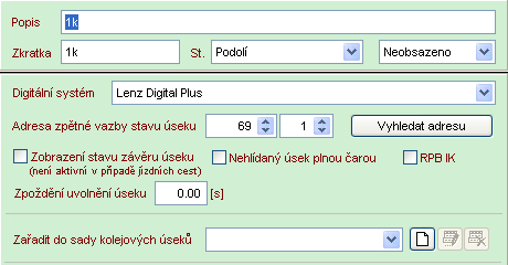 Tlačítka v pravém horním rohu okna slouží k zadání, editaci a popřípadě smazání definice kolejového úseku, který je vybrán v seznamu dole.