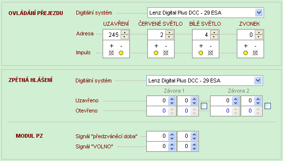 Zpoždění nastavení signálu o uzavření přejezdu (nutná volba plného řízení z PC) Vzhledem, že různé mechanismy PZ mají různou dobu k uzavření PZ, lze nastavit dobu, za kterou přijde signál, že je PZ