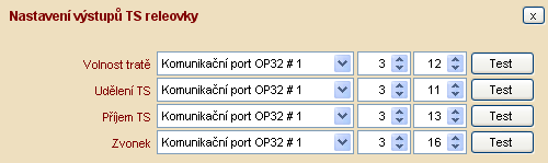 Jednotlivé výstupy lze otestovat kliknutím na tlačítko TEST u příslušného výstupu, pro zhasnutí klikněte opět na toto tlačítko.