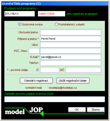 Po odeslání údajů k registraci se program ukončí, jelikož nemá platné licenční číslo.