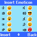 Vložit emotikon Vložit šablonu Stiskněte Zvolit. Zobrazí se tabulka emotikonů. Tlačítkem u nebo d přejděte na emotikon, který chcete zvolit, a stiskněte Zvolit.. Stiskněte Zvolit. Zobrazí se seznam šablon.