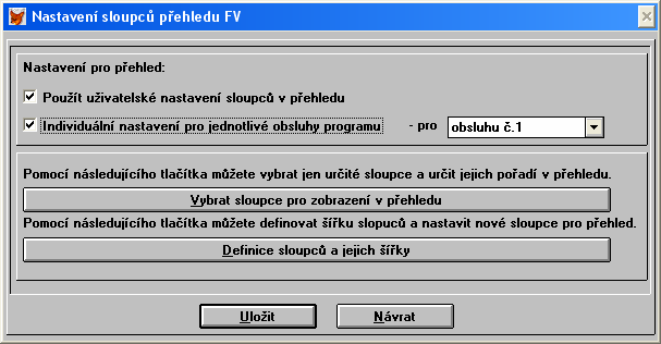 1. Všeobecné funkce 1.1. Uživatelské nastavení sloupců přehledů Tato funkce slouží k uživatelskému nastavení přehledu, tedy jaké informace se mají v příslušném přehledu zobrazovat.