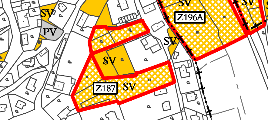 označit jako Z187A a Z187B propojení dvou částí není patrné vzhledem k jeho překrytí červeným lemování ohraničujícím zastavitelnou plochu 14. k.ú.