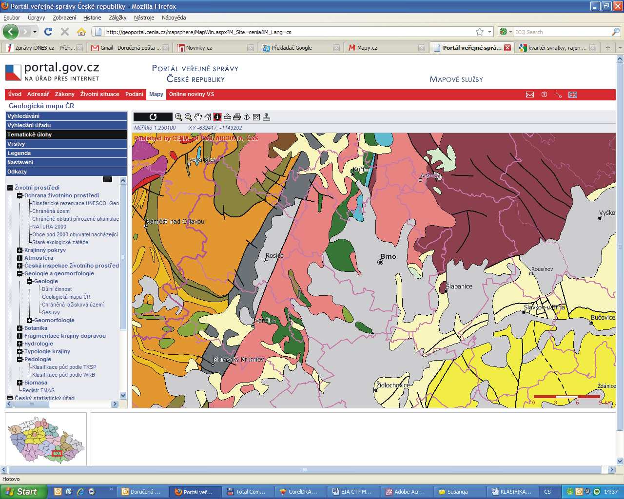 Obr.: Geologická mapa ČR (www.geoportal.cz) V k.ú. Modřice se nachází chráněné ložiskové území č. 713650000 Modřice (v severní části katastrálního území).