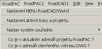 které jsou společné pro všechny části nadstavby. Toto menu zůstává vždy viditelné v hlavní liště AutoCadu po nainstalování nadstavby. Menu obsahuje tyto funkce: Nastavení MENU ROADCAD / VIAAXI.