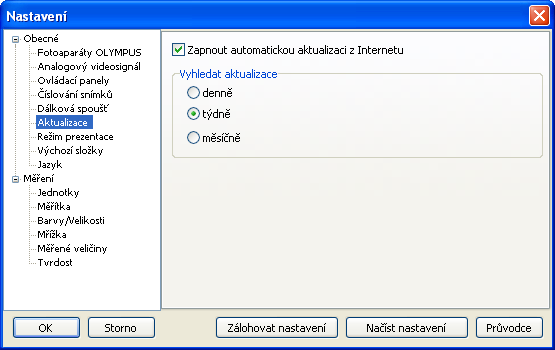 Hlavní okno programu Aktualizace Tato část slouží k nastavení automatické aktualizace z Internetu. Na výběr je vyhledávání aktualizací denně, týdně nebo měsíčně.