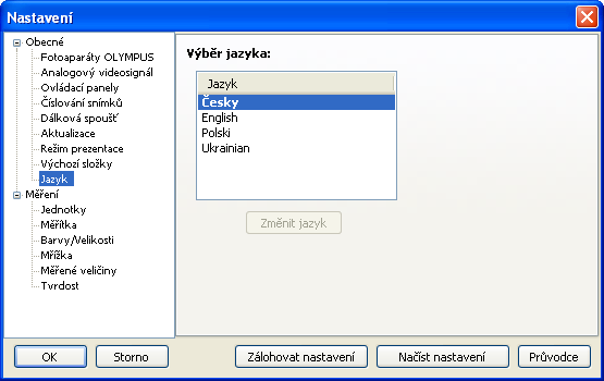 Hlavní okno programu Jazyk V této části můžete přepínat mezi jednotlivými jazykovými verzemi programu.