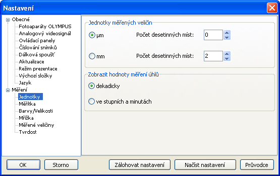 Hlavní okno programu 7.2. Oddíl Měření Jednotky Tato část umožňuje zvolit jednotky používané pro zobrazování výsledků měření. Na výběr jsou milimetry nebo mikrometry.