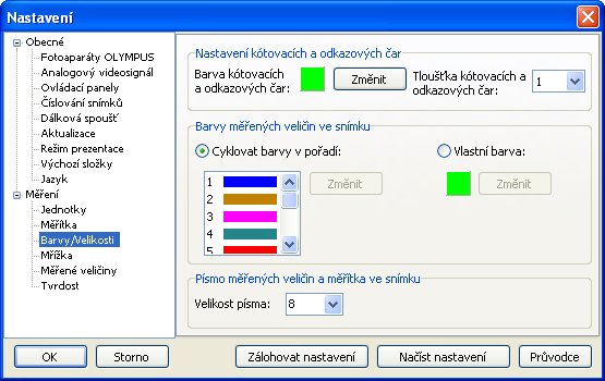 Hlavní okno programu Barvy měřených veličin ve snímku: pro lepší přehlednost jsou barvy měřených veličin ve snímku a odpovídající hodnoty v Tabulce naměřených hodnot zobrazeny stejnou barvou.