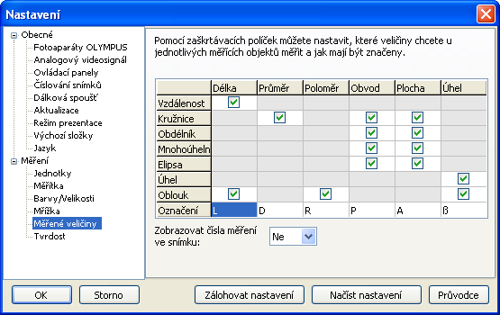 Hlavní okno programu Měřené veličiny Tato část slouží k nastavení veličin, jejichž hodnoty budou zobrazovány u měřících objektů ve snímku (délka, průměr a poloměr kružnice, obvod, plocha, úhel) a