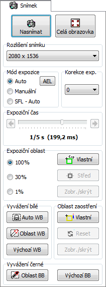 Ovládací panely snímacích zařízení Nasnímat: pořídí snímek a přenese jej do počítače. Můžete též použít klávesovou zkratku [Ctrl + Enter].