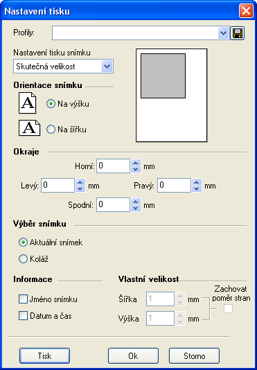 Hlavní okno programu Profily tisku: Profily tisku slouží k snadnému a rychlému nastavení parametrů tisku. Použití: z rozbalovací nabídky vyberte profil, do kterého bude nové nastavení uloženo.