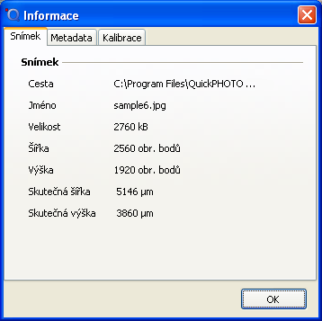 Hlavní okno programu Tato záložka zobrazuje informace o snímku (název složky se snímkem, jméno snímku, velikost, rozměry v obrazových bodech a rozměry v milimetrech nebo mikrometrech). 2.
