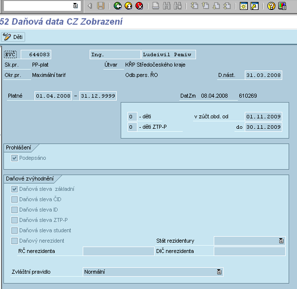 UTB ve Zlíně, Fakulta aplikované informatiky, 2013 79 Obrázek č. 46 Vzhled infotypu 0152 Při každé změně podmínek je potřeba zadat nový záznam. Nový záznam musí být založen vždy od 1. dne v měsíci.