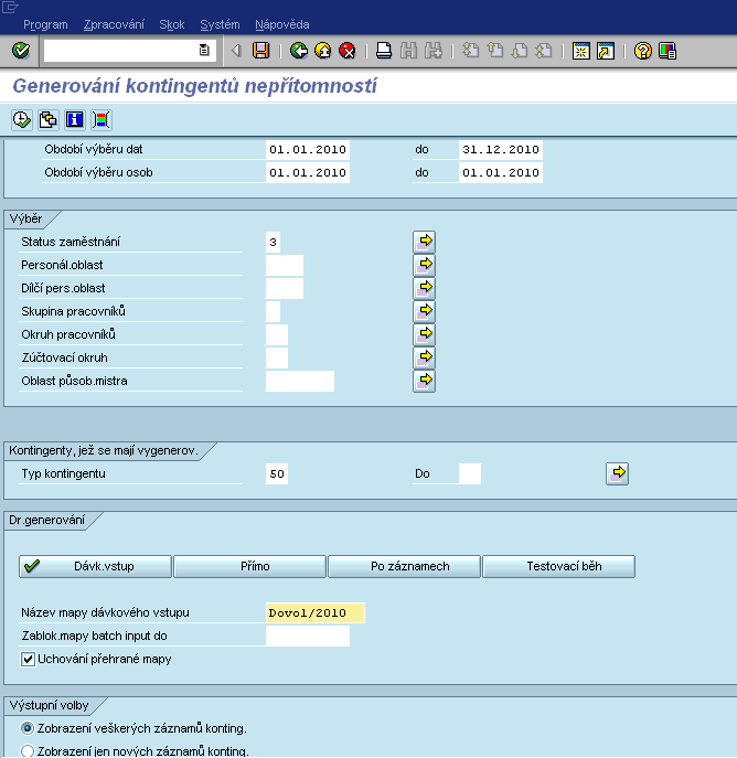 UTB ve Zlíně, Fakulta aplikované informatiky, 2013 99 Generování kontingentů nepřítomností: transakce: Y_RPTQTAT1 Generování kontingentů nepřítomností Obrázek č.