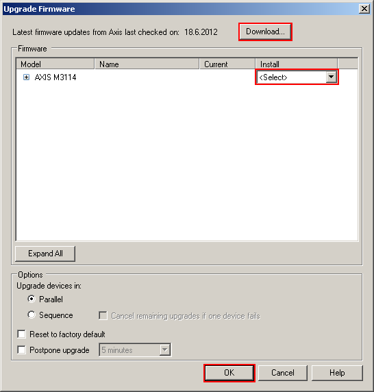 V následujícím okně vybereme (rozbalovací nabídka <Select>).bin soubor s novou verzí firmware, který je součástí programové sady. Obr.