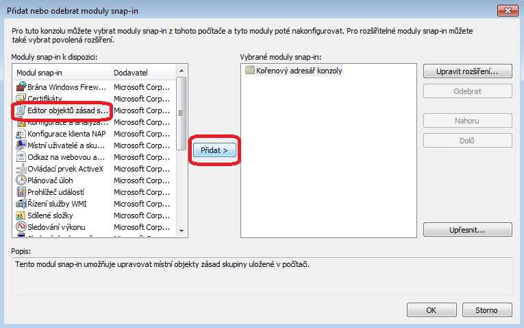 Samotná konzole pro správu neobsahuje téměř nic, a proto je potřeba přidat do ní tzv. modul nebo snap-in přes Soubor -> Přidat nebo odebrat modul. 1.1.3.