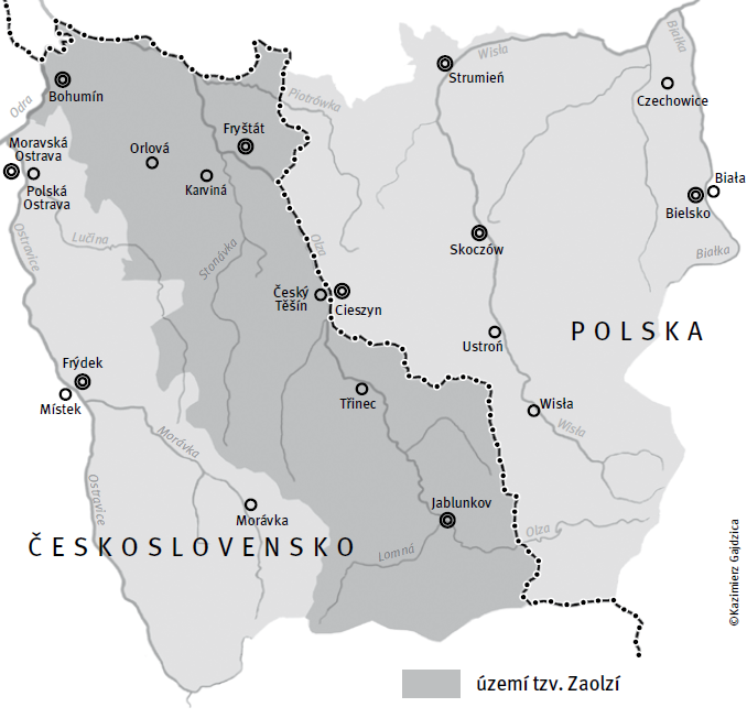 menšinou bývá u nás označováno jako Těšínsko či Těšínské Slezsko. 12 je znázorněno na následujícím obrázku (Obr. 3.). Graficky Obr. 3. Vymezení území tzv. Zaolzí Zdroj: SZYMECZEK, 2009, s.