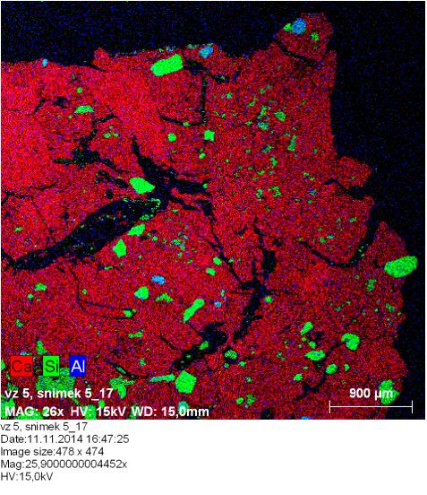 Obr. 4 SEM-BSE snímky malty 5 a prvkové mapy distribuce jednotlivých prvků v materiálu na vybrané ploše (Ca- vápník- červená, Si-křemík-zelená, Al-hliník-modrá, Mg-hořčík-světle tyrkysová).
