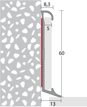 AL SOKLOVÉ profily Soklový hliníkový profil 60 mm pro linoleum, PVC, vinyl a koberce do 3 mm Estetický soklový profil pro vložení proužku podlahové kytiny o tlouš ce do 3 mm.