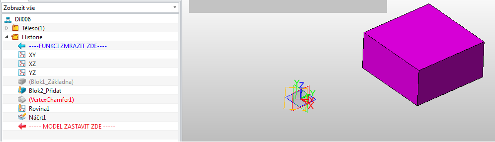 Potlačením zeleného bloku, prvky propojené s ostatní geometrií jsou automaticky potlačeny.