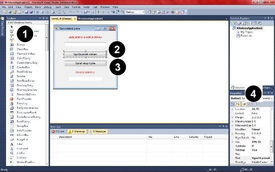 Panel TOOLBOX. Přesuneme kurzor myši do formuláře a nakreslíme ovládací prvky Button1 a Button2. Ovládací prvek BUTTON1.