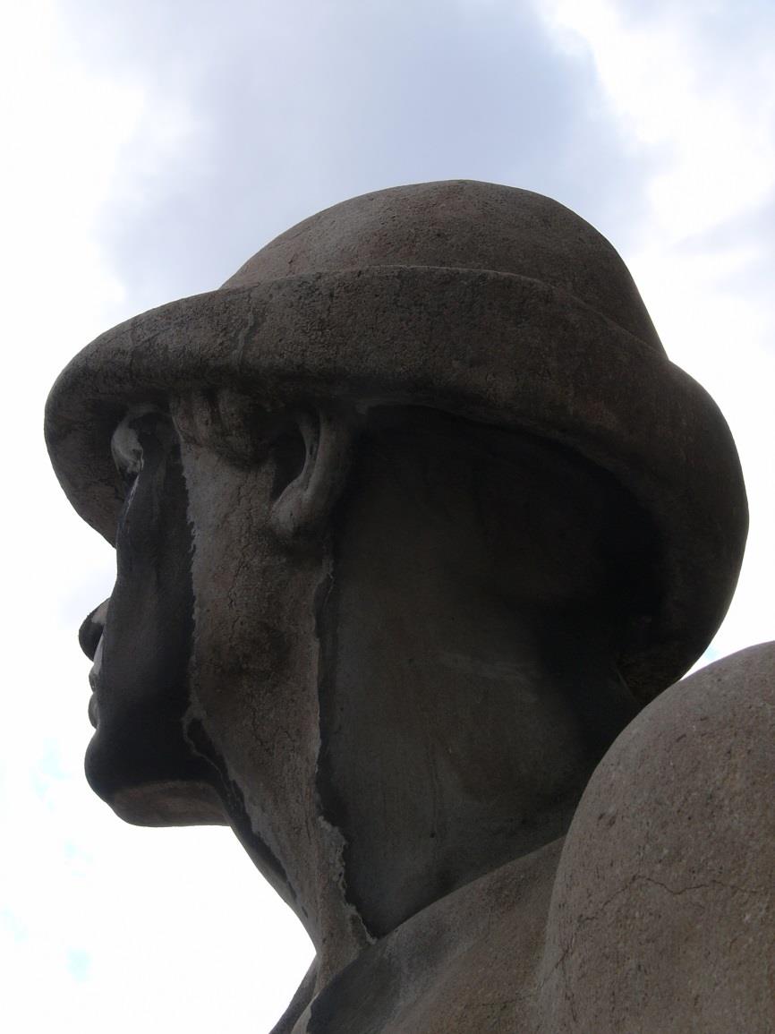 Hlava ze předu: krusty v oblasti obličeje a krku, sítě prasklin v celé ploše klobouku, obličeje