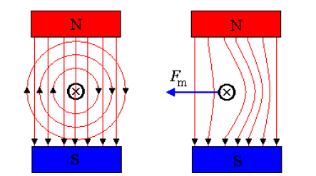 Průběh siločar vodiče a magnetu Magnetické pole působí na vodič, jímž prochází proud tak, že jej