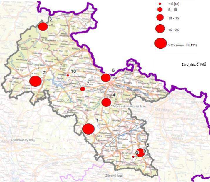 vyjmenovaných zdrojů s nejvyššími emisemi tuhých znečišťujících látek, stav roku 2011, zóna