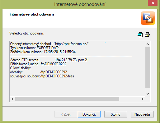 Volbou Další spustíme export. Po dokončení se zobrazí okno oznamující výsledek přenosu. Volbou Dokončit ukončíme export. 7.