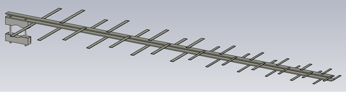 kulatina Ø8mm prizmatický úchyt Obr. 56 Detail prizmatického úchytu antény (pohled z boku) Obr. 57 Pohled na celou anténu Prodloužila se nosná konstrukce o 11mm (horní i dolní sběrač).