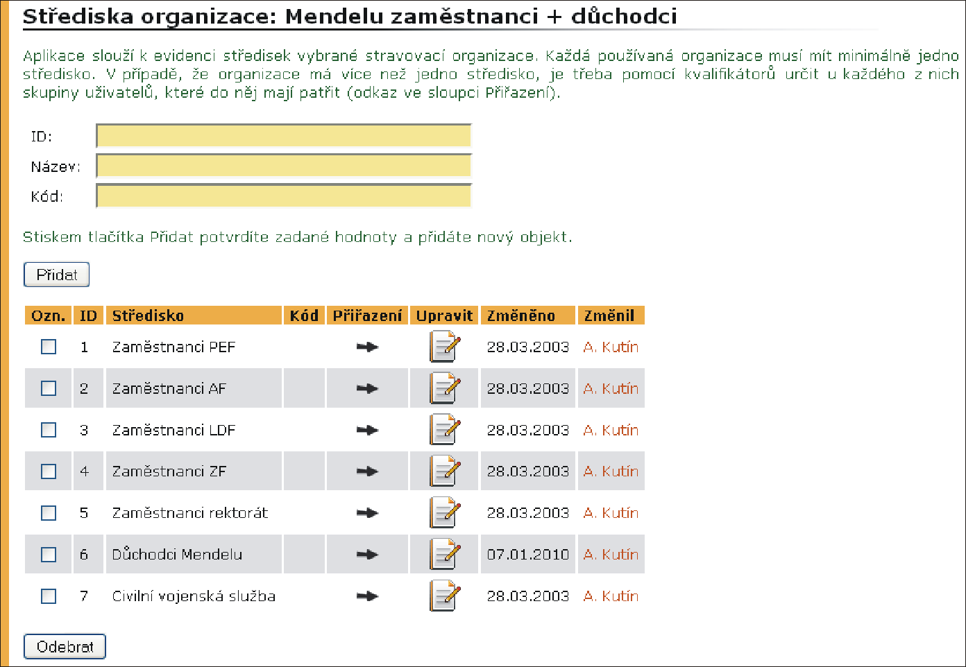 7 STRAVOVACÍ SYSTÉM ANETE KREDIT Obrázek 19 Evidence a přiřazení středisek Přiřazení jedná se o přiřazení dotační kategorie konkrétní skupině uživatelů. Ta je definována kvalifikátory.