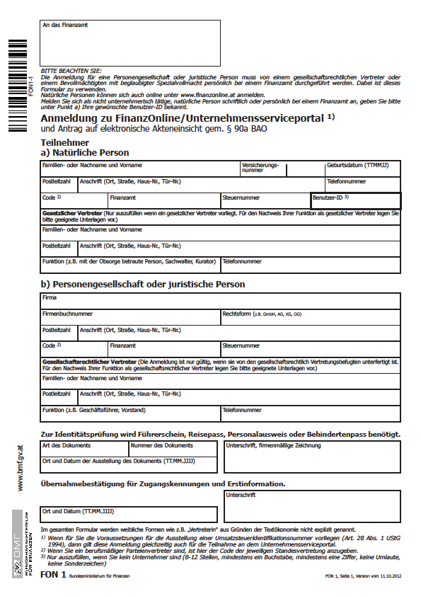 Příloha 12: Rakousko - Formulář FON 1 pro přihlášení do portálu FinanzOnline 119 119 E-government: Anmeldung, Rücksetzen und Abmeldung.
