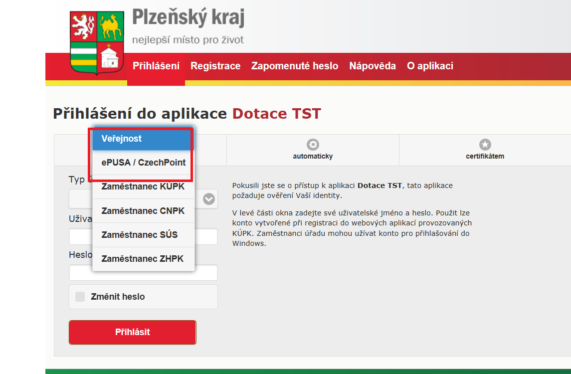 KROK 1: PŘIHLÁŠENÍ DO APLIKACE DOTACE KU záložka HESLEM TYP ÚČTU: VEŘEJNOST fyzické a právnické osoby a) účet je již založen - žadatel již minulosti žádal o dotaci z rozpočtu Plzeňského kraje typ