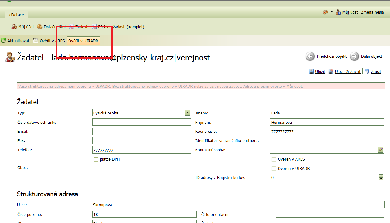 KROK 2: ÚČET ŽADATELE MŮJ ÚČET - VEŘEJNOST A) povinné údaje pro fyzickou osobu: jméno, příjmení, rodné číslo, telefon, strukturovaná adresa, bankovní účet Adresa