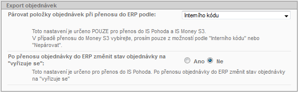 103 / 258 2.1.10. Přenosy 2.1.10. a) Export objednávek Zde si můžete nastavit, zda se po přenosu objednávky do ERP má změnit stav objednávky na vyřizuje se. Defaultně je nastaveno Ne. 2.1.10. b) Importy dat Uživatelé, kteří využívají automatické propojení dat či importují z ekonomických systémů, si mohou nechat zasílat na e-mail adresu zprávu o výsledcích těchto transportů.