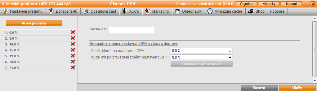 110 / 258 Pokud jsme přihlášení jako Univerzální uživatel jsme uživatel s maximálními právy můžeme zakládat další uživatele (administrátory), přidělovat jim různá práva a sami také můžeme provádět